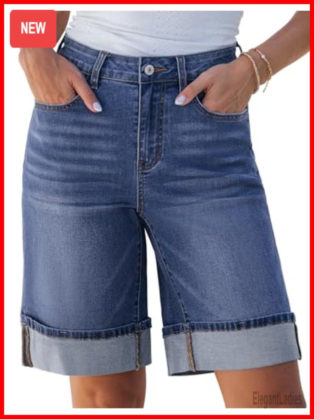 High Rise Bermuda Denim Shorts for Women Cuffed 10" Inseam Stretchy